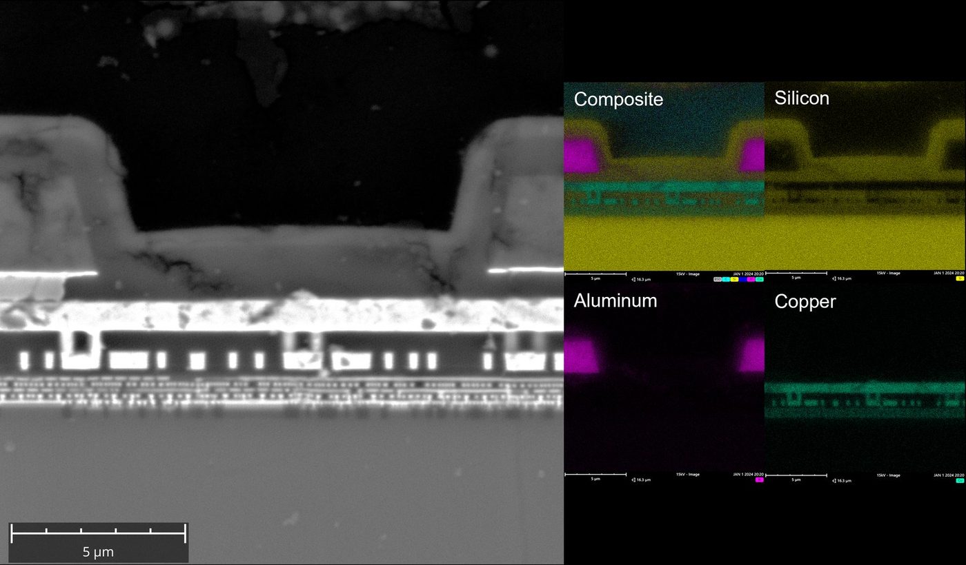 SEM image and EDS elemental maps of a polished integrated circuit cross-section: silicon, aluminum, and copper.