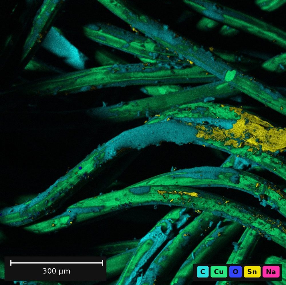 EDS false-color map of solder on copper solder wick: carbon, copper, oxygen, tin, and sodium.